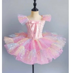 Pink blue Tutu rainbow sequins tutu skirts for girls kids toddlers ballet dress Choir singers jazz dance costumes Little Swan performance oufits for kids 